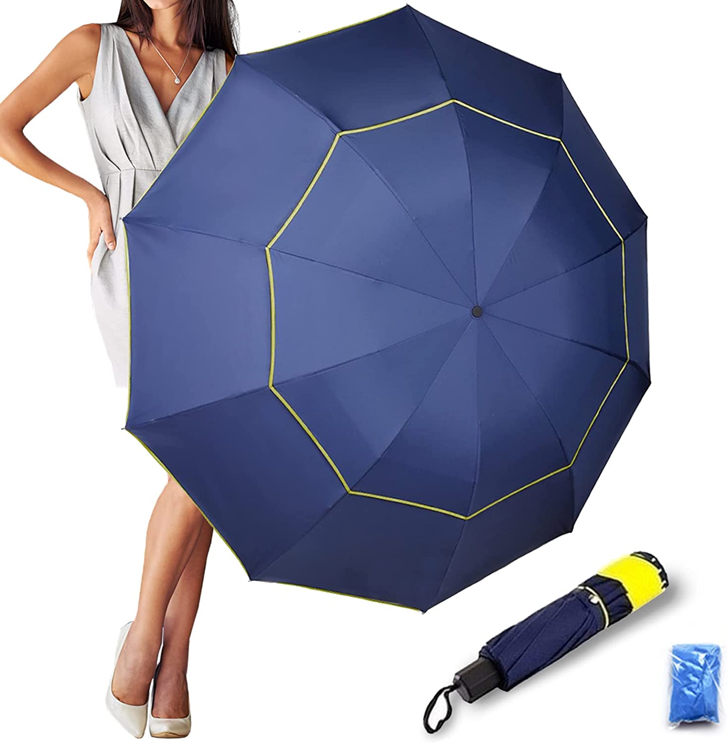 Custom umbrella 62 Inch Oversize Windproof Golf Umbrella - Double Canopy Ve