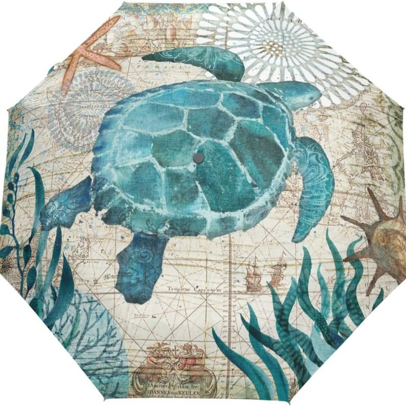 Logo parasol Umbrellas With Your Brand Vintage Ocean Turtle Umbrella Automatic Open Close Sea Starfish World Map Anti-UV