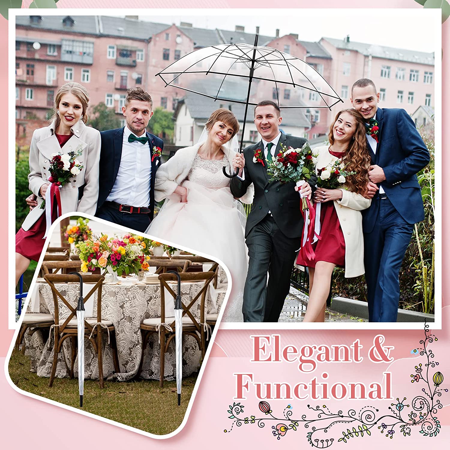 Custom Wedding Umbrellas 24 Pieces Clear Umbrella Wedding Style Stick Umbrella W - Image 5