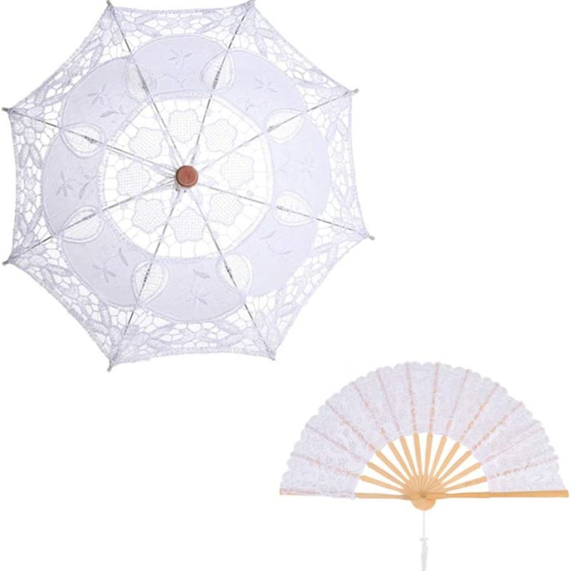 Logo parasol Umbrellas With Your Brand 1 Set Lace Parasol Umbrella Folding Fan Set Decorative Parasol Bridal Hand Fan Da