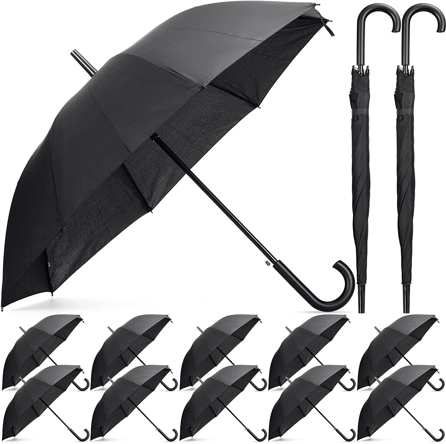 20 Pack Bulk Stick Umbrellas with J Hook Handle 47 inch Large Windproof Auto Ope