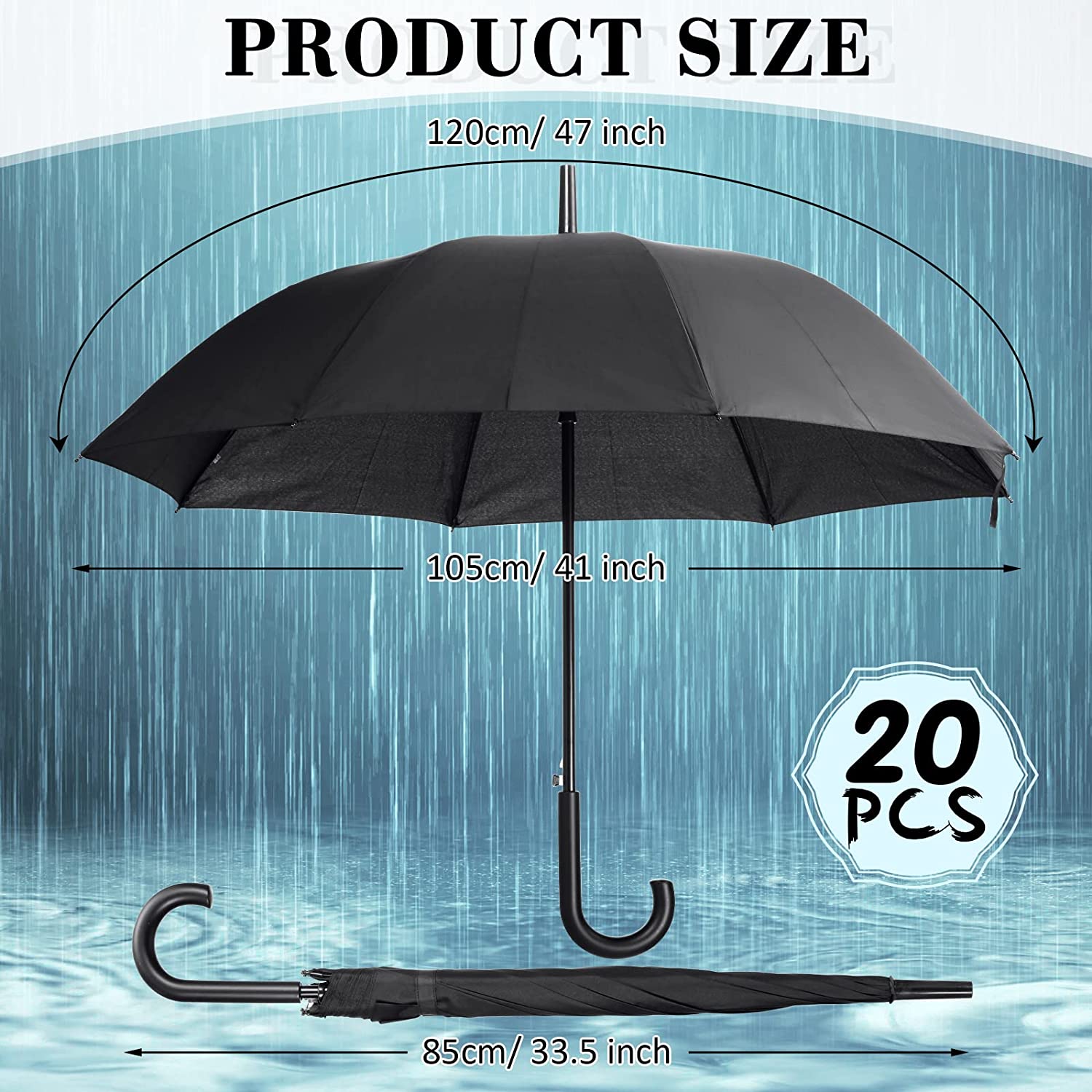 20 Pack Bulk Stick Umbrellas with J Hook Handle 47 inch Large Windproof Auto Ope - Image 2