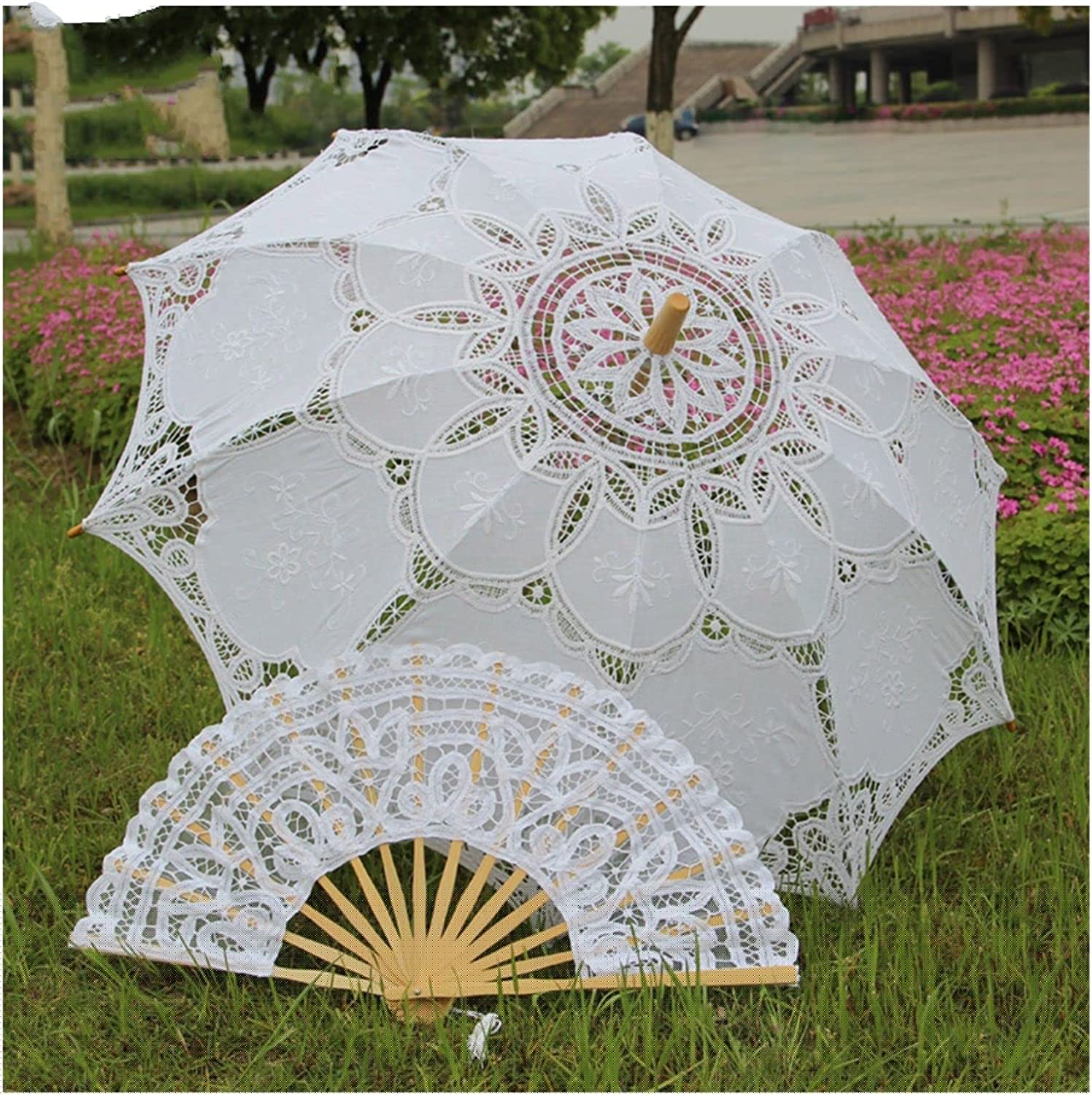 Custom Wedding Umbrellas Handmade Bridal Lace Umbrella and Fan Set Wedding Brida - Image 4