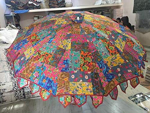 Indian Decorative Handmade Designer Cotton Mirror Work Embroidery Beach Umbrella - Image 2