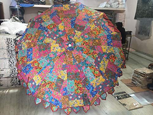 Indian Decorative Handmade Designer Cotton Mirror Work Embroidery Beach Umbrella - Image 3