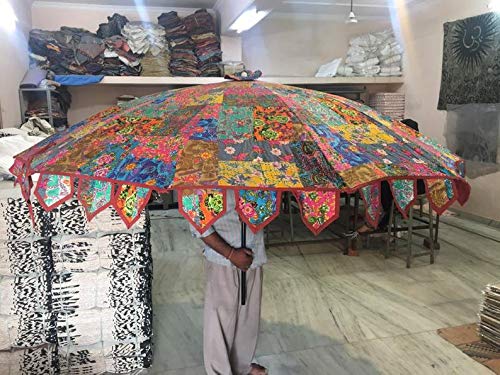 Indian Decorative Handmade Designer Cotton Mirror Work Embroidery Beach Umbrella - Image 4