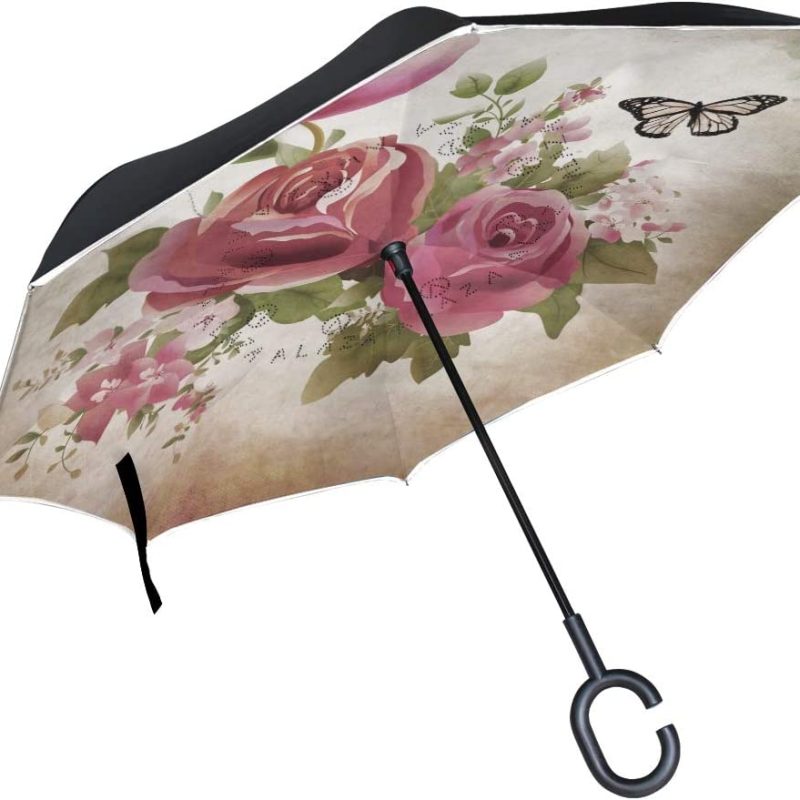 Logo parasol Umbrellas With Your Brand Vintage Rose Flower Floral Butterfly Windproof Inverted Open Close Reverse Rain U