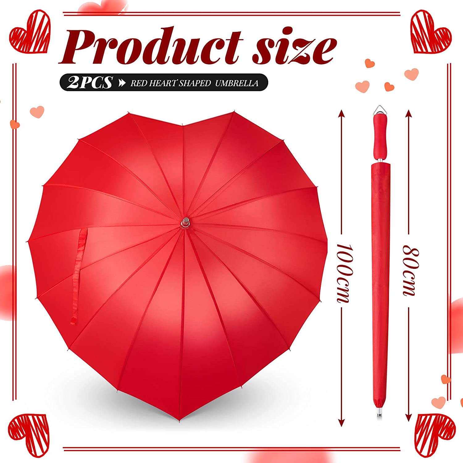 2 Pcs Forever Love Parasol Red Heart Shaped Girls Umbrella Large Cute Umbrella f - Image 2