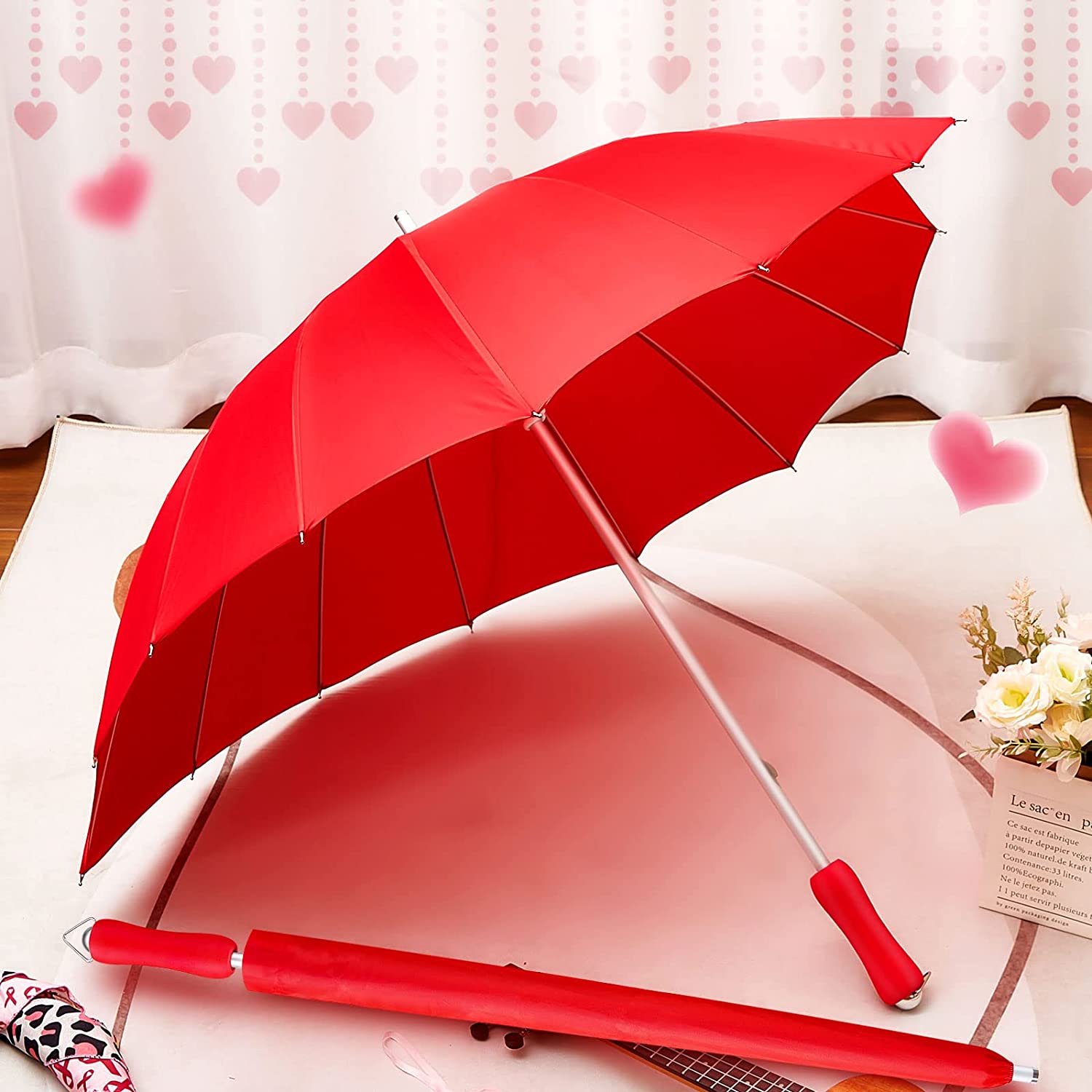 2 Pcs Forever Love Parasol Red Heart Shaped Girls Umbrella Large Cute Umbrella f - Image 4