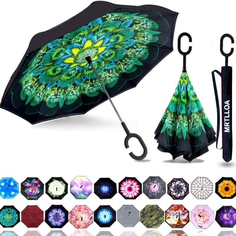 Logo parasol Umbrellas With Your Brand Windproof Inverted Reverse Umbrella with UV Protection  C-Shaped Handle Double La