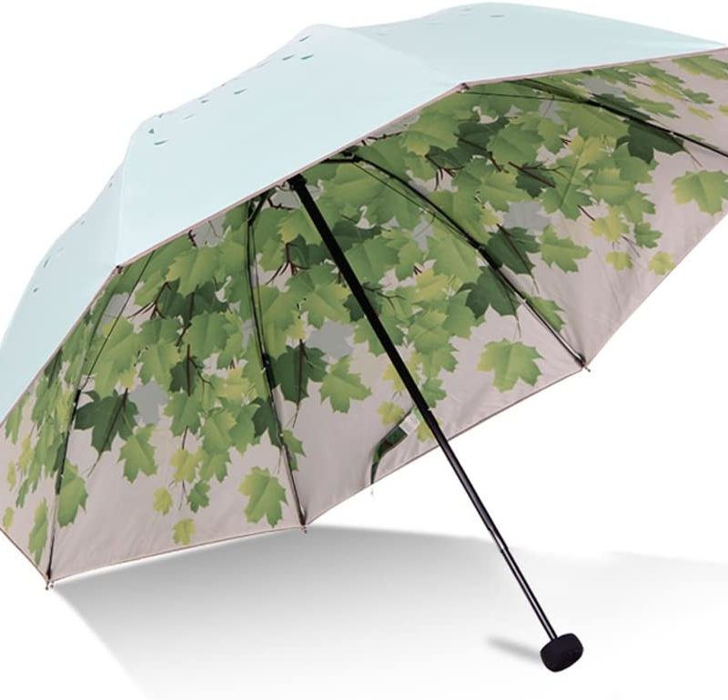 Green Tree Leaf Folding Travel Sun Umbrella Sunblock UV Protection UPF 50+ Rain Resistant Compact Size Parasol Fold into