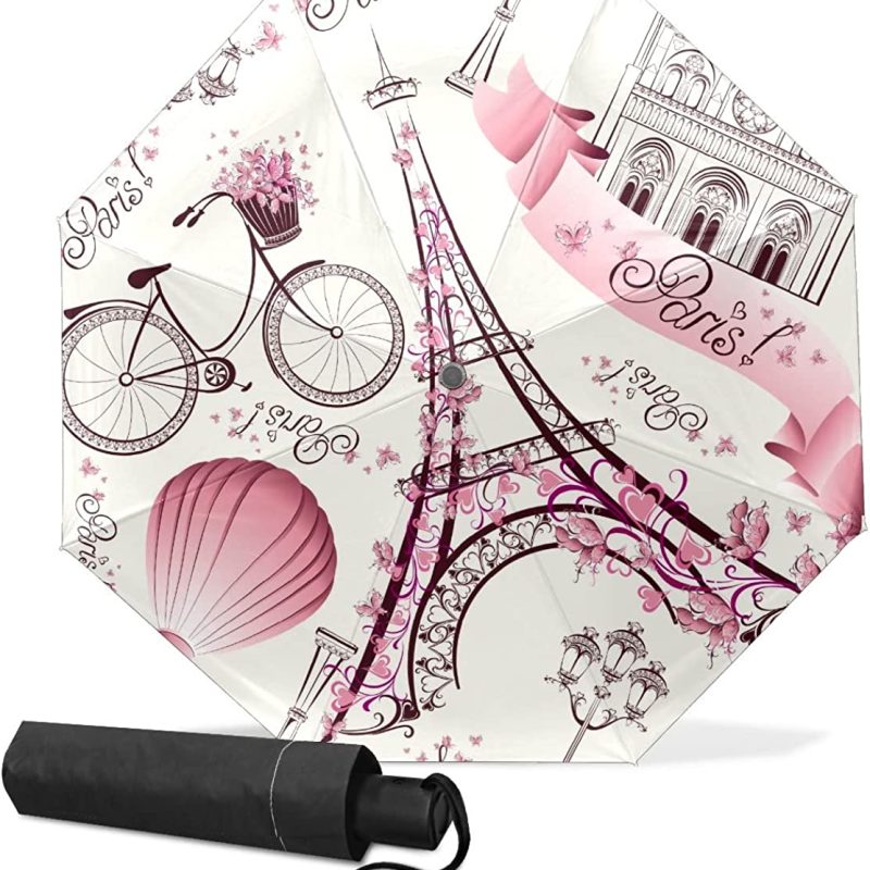 Small Folding Umbrella Romantic Paris Tower Bike Bicycle Windproof Compact Travel Umbrella Mini Vinyl Auto Open/Close Um