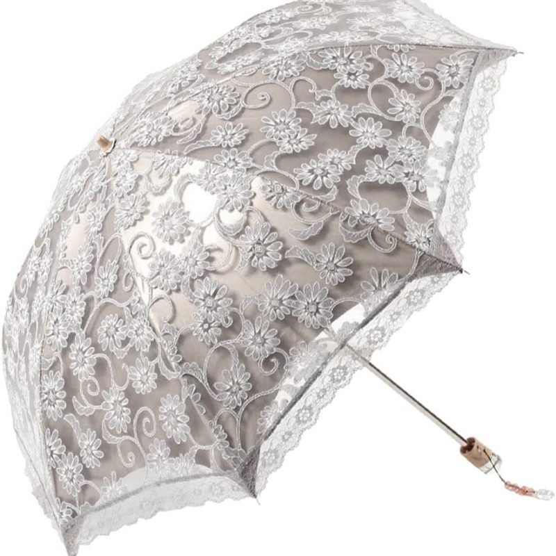 Logo parasol Umbrellas With Your Brand Lace Travel Parasol Folding Anti-uv Windproof Embroidery Umbrella 2 Folding Grey