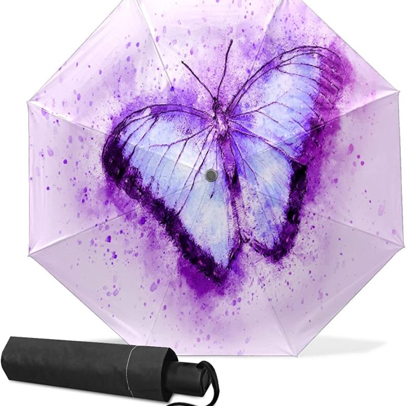 Small Folding Umbrella Watercolor Purple Butterfly Windproof Compact Travel Umbrella Mini Vinyl Auto Open/Close Umbrella