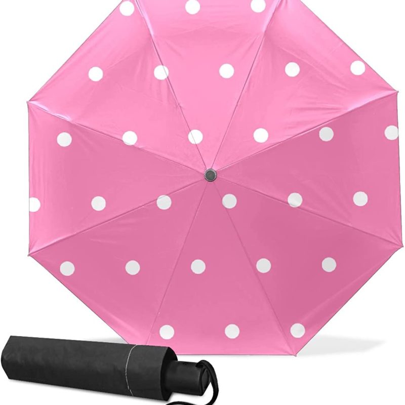 Small Folding Umbrella Pink White Polka Dot Windproof Compact Travel Umbrella Mini Vinyl Auto Open/Close Umbrella Rain &