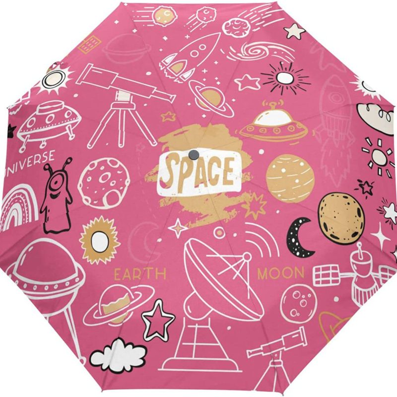 Acpiggto Folding Umbrella Space Science Universe Rocket Planet Pink Travel Sun Rain Compact Umbrella Parasol Outdoor Aut