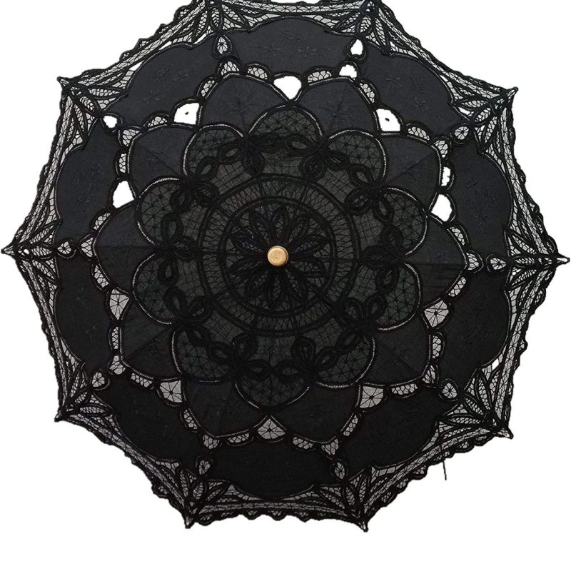 Lace Wedding Umbrella Parasol For Bride Cotton Fashion Wooden Handle Decoration Umbrella Black