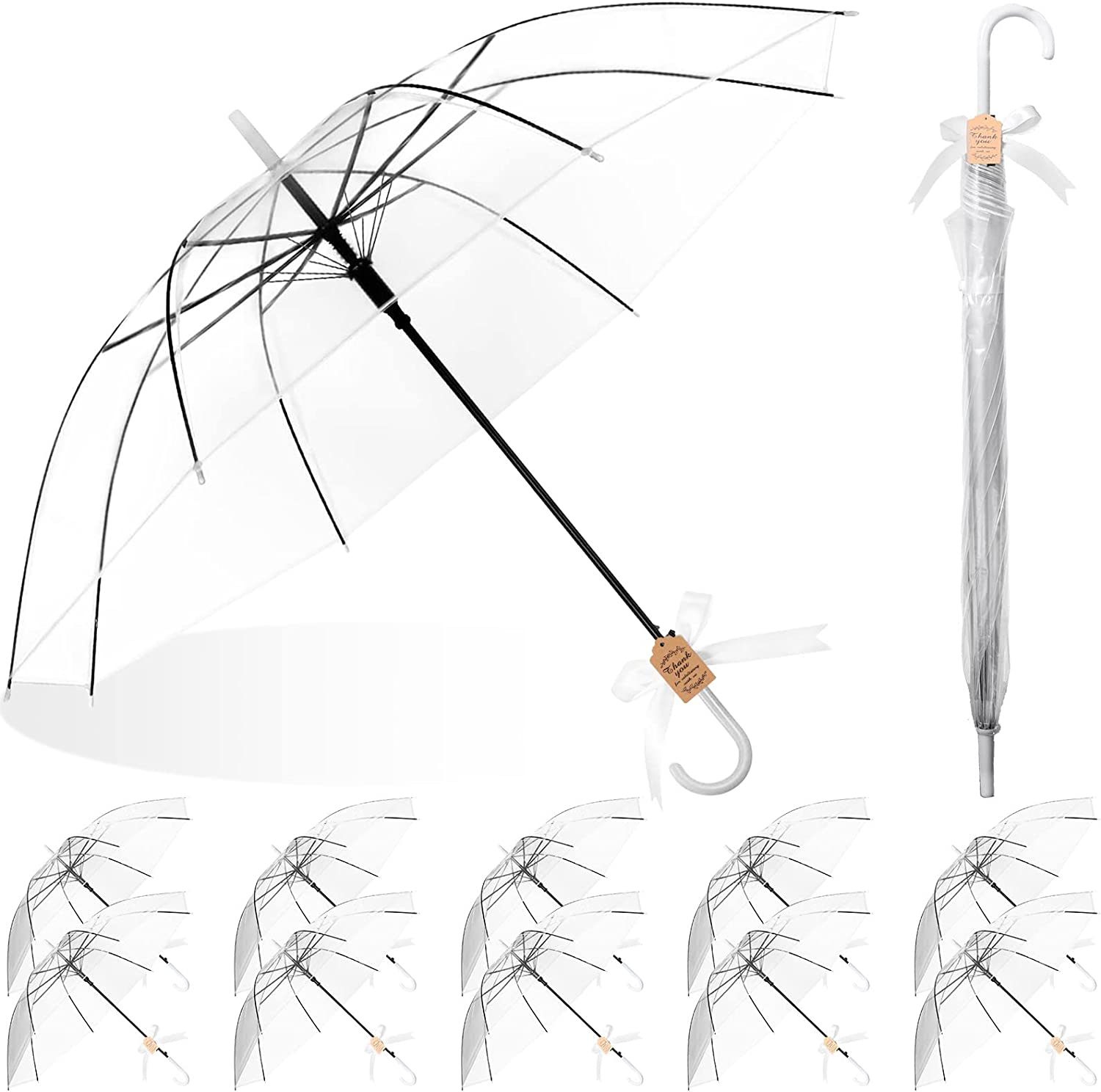 12 Set Clear Umbrella Wedding Style Stick Umbrellas for Guest Bulk with Tag and