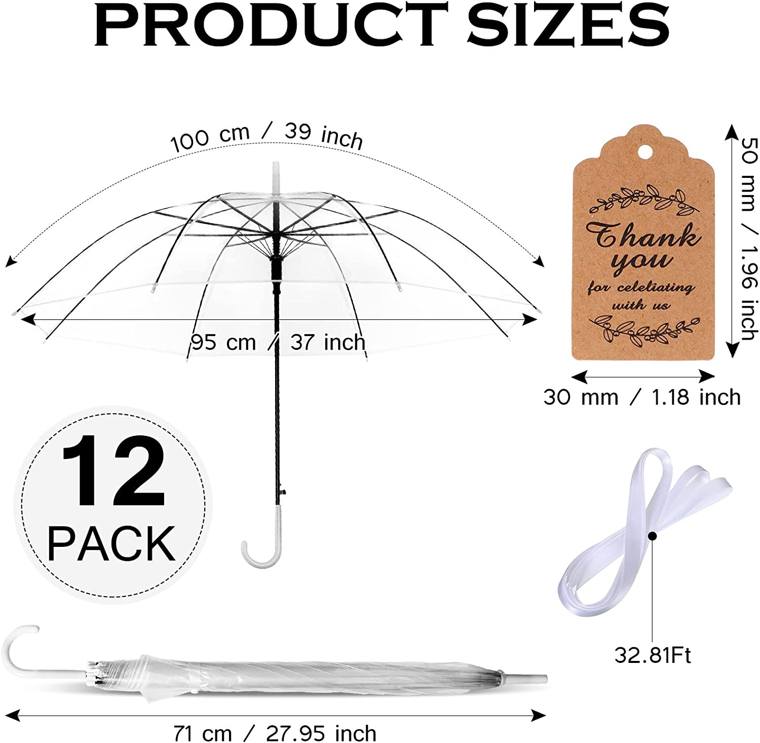 12 Set Clear Umbrella Wedding Style Stick Umbrellas for Guest Bulk with Tag and - Image 2