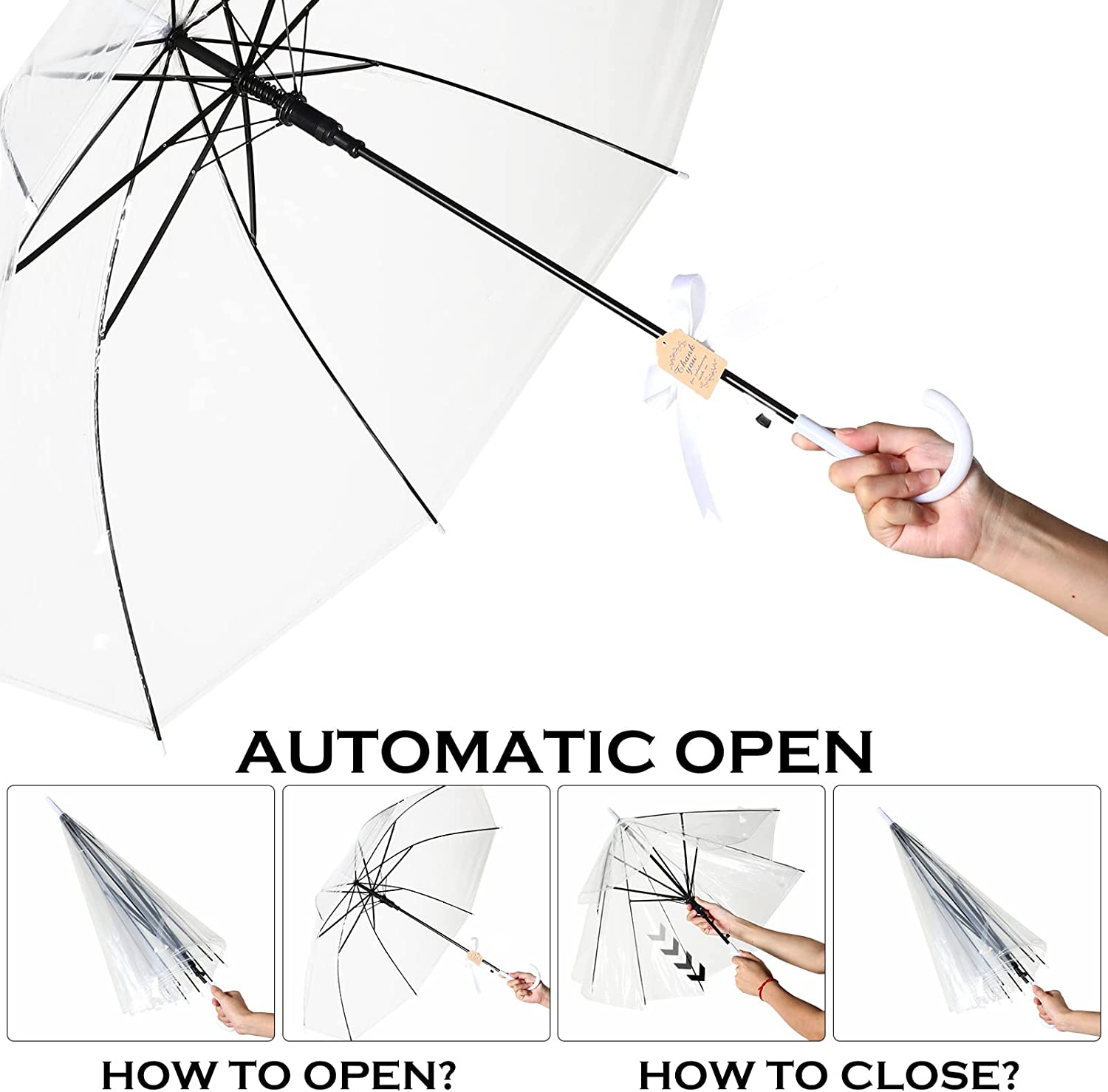 12 Set Clear Umbrella Wedding Style Stick Umbrellas for Guest Bulk with Tag and - Image 4