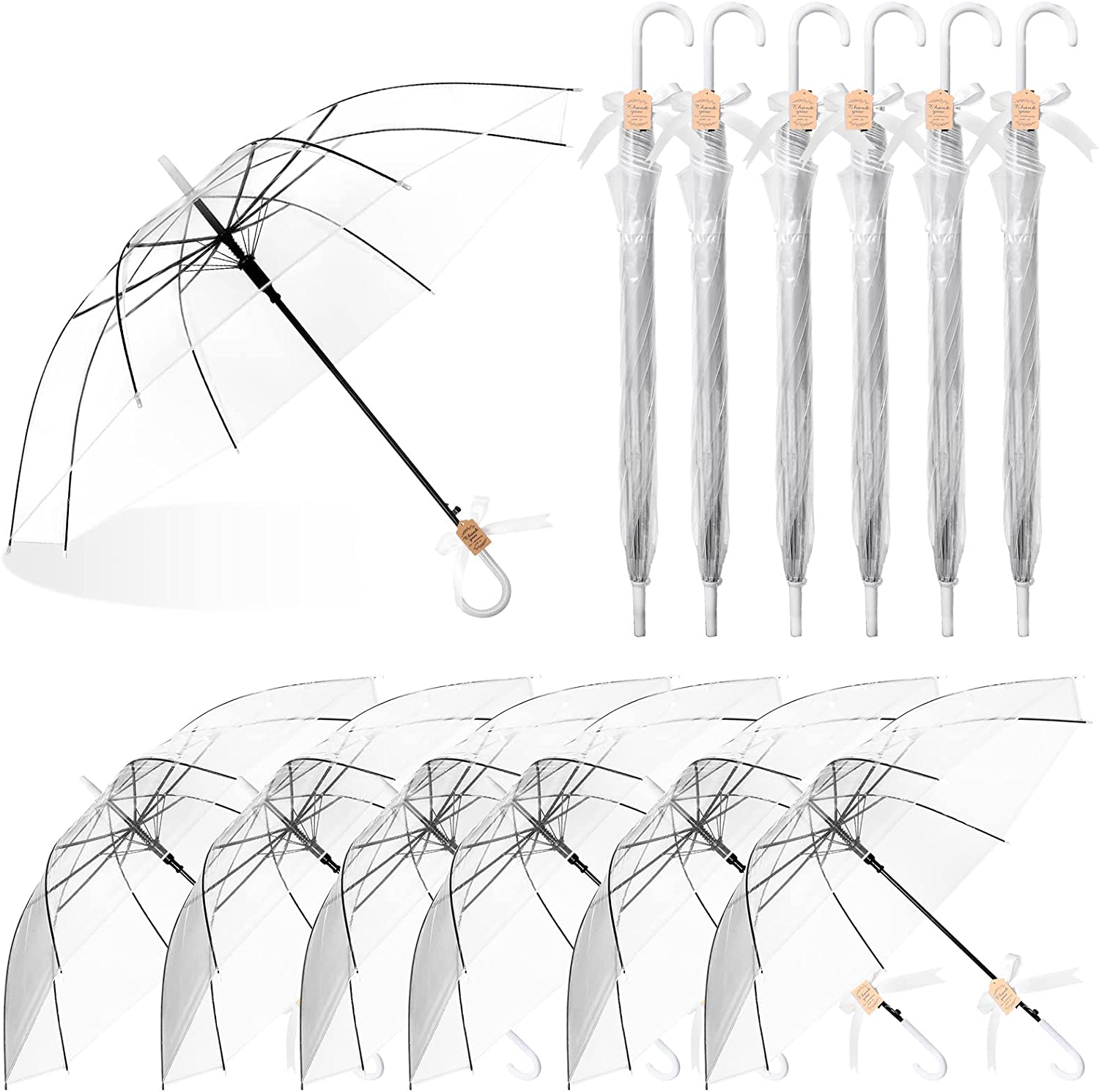 12 Set Clear Umbrella Wedding Style Stick Umbrellas for Guest Bulk with Tag and - Image 8