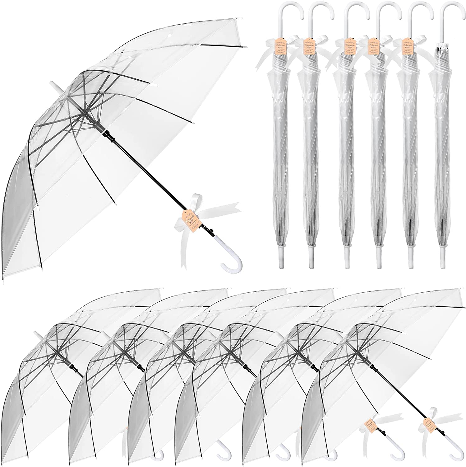 12 Set Clear Umbrella Wedding Style Stick Umbrellas for Guest Bulk with Tag and - Image 9