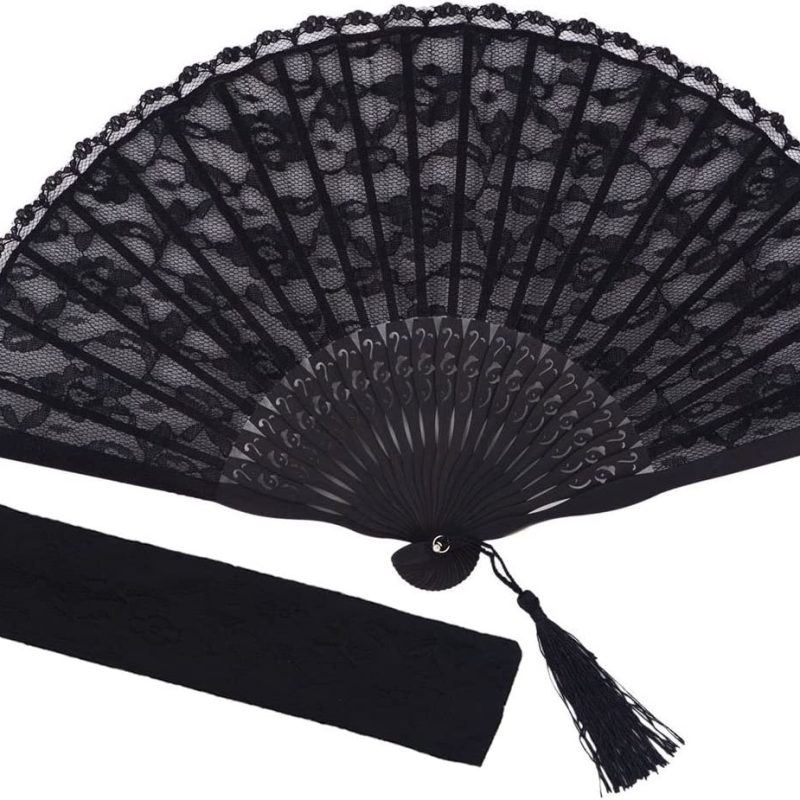 Logo parasol Umbrellas With Your Brand Womens Multi Color Handmade Cotton Lace Folding Hand Fan (Black-A)