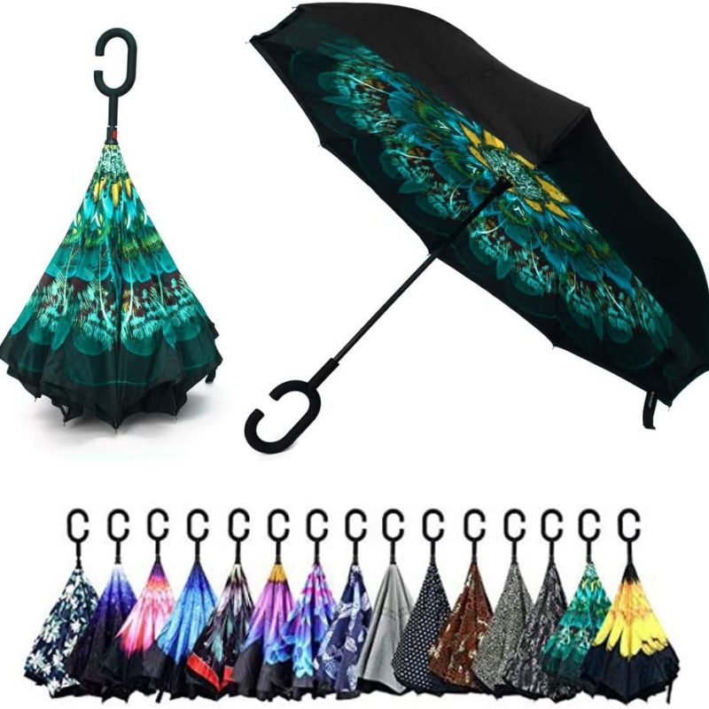 Logo parasol Umbrellas With Your Brand Peacock Double Layer Inverted Umbrellas - C Shaped Handle Reverse Folding Windpro