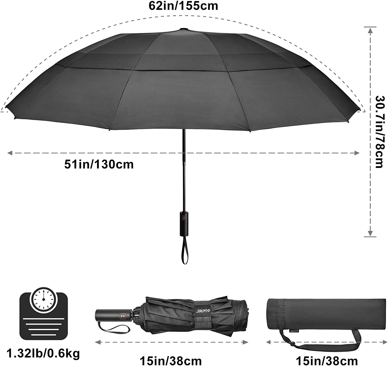 Custom umbrella 62 Inch Large Golf Umbrella Compact Reverse Travel Umbrella - Image 2
