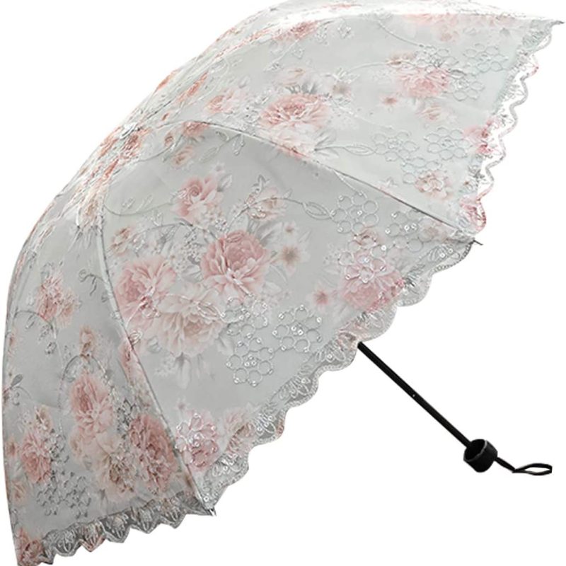 Lace Folding Travel Parasol Lightweight Folding Anti-uv Vintage Embroidered Sun Protection (Green)