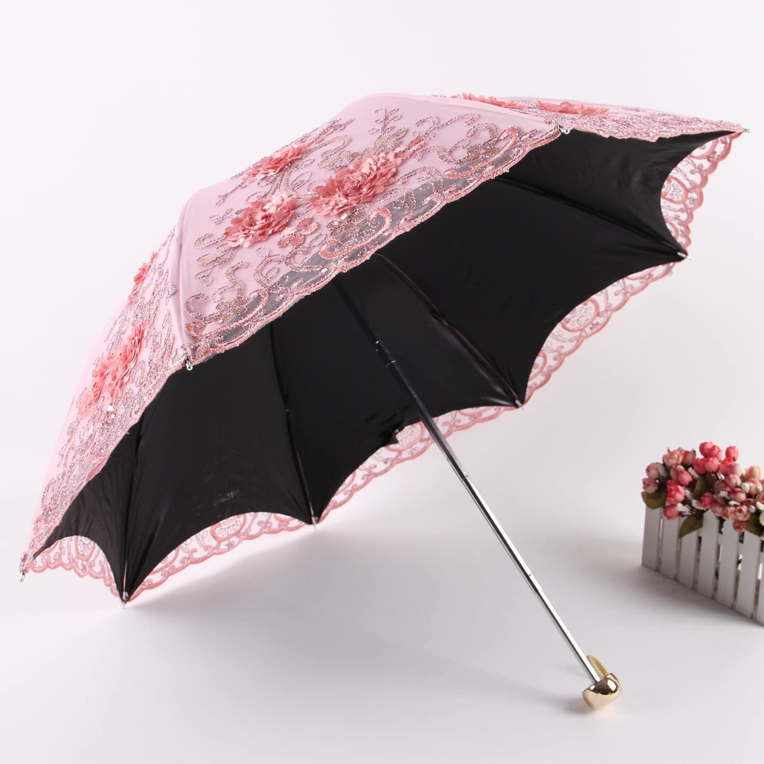 Custom Wedding Umbrellas Vintage Lace UV Sun Parasol Folding 3D Flower Embroider - Image 5